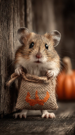 A small hamster holds a burlap bag with Halloween treats surrounded by rustic wooden decor and a tiny pumpkin perfect for the festive season.の素材