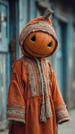 A spooky pumpkin figure dressed in a vintage orange outfit stands in front of a weathered building embodying the spirit of Halloween.の素材