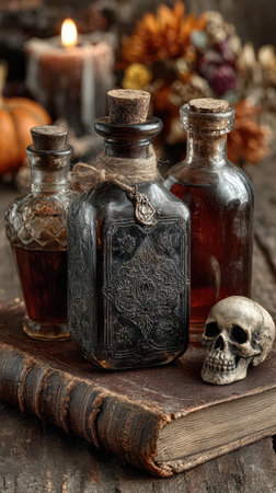 Dark glass bottles filled with mysterious potions sit on an old book. A small skull rests nearby creating a haunting Halloween scene.の素材