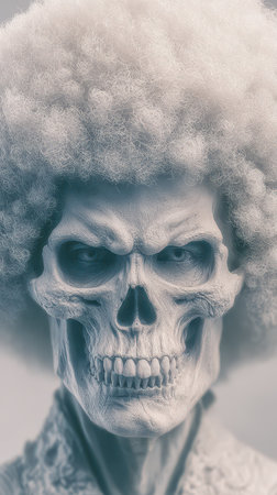 Festive skeleton with a fluffy hairdo stands proudly capturing the spirit of Halloween. Its striking look adds a fun twist to the celebration.の素材