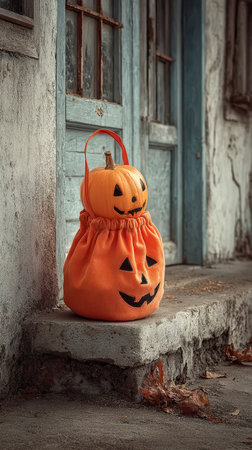 A cheerful pumpkin bag rests on stone steps adorned with a smiling pumpkin on top capturing the spirit of Halloween joy and creativity.の素材