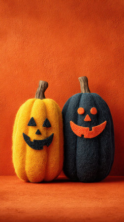 Two whimsical pumpkins stand side by side in vibrant colors showcasing cheerful faces against a warm orange background.の素材
