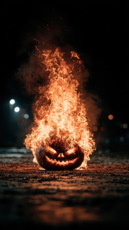 A glowing carved pumpkin sits on the ground engulfed in flames and creating a chilling atmosphere on a Halloween night.の素材