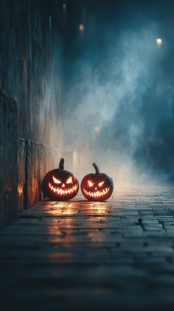 Two carved pumpkins with spooky faces sit on a dark path surrounded by swirling mist creating an eerie Halloween atmosphere.の素材
