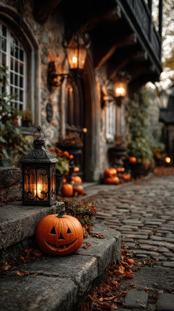 Warm lantern light flickers beside carved pumpkins on a cobblestone path creating a cozy and spooky atmosphere for Halloween festivities.の素材