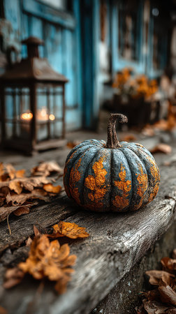 A beautifully decorated pumpkin sits on a rustic wooden surface surrounded by colorful autumn leaves setting a festive mood for Halloween.の素材