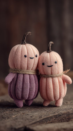 Two cute plush pumpkins smile cheerfully while tied together with twine surrounded by a rustic background that suits the Halloween spirit.の素材