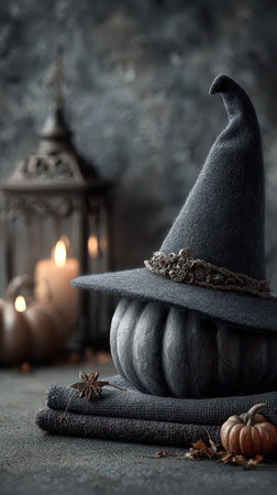A dark gray pumpkin wears a stylish witch hat resting near candles. Soft lighting and autumn decorations create a cozy Halloween scene.の素材