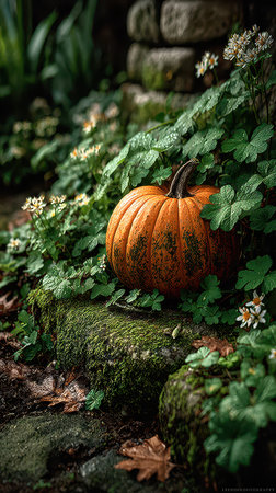A vibrant orange pumpkin sits among lush green leaves and small flowers creating a cozy autumn atmosphere.の素材