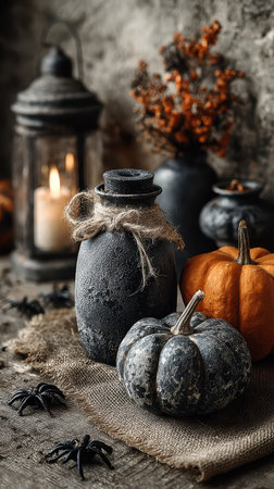 A rustic display featuring dark pumpkins a lantern and spooky decor captures the essence of Halloween in a cozy inviting setting.の素材