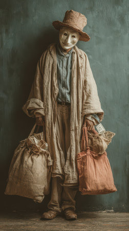 A mysterious figure in a hat and mask stands quietly holding burlap sacks creating an eerie vibe perfect for Halloween festivities.の素材