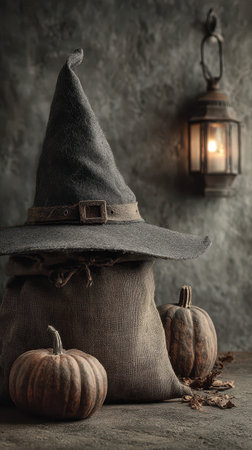 A rustic scene shows a gray witch hat resting on a burlap sack accompanied by small pumpkins and warm candlelight creating a cozy Halloween vibe.の素材