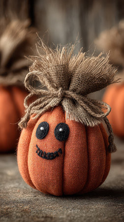 Colorful fabric pumpkins with cheerful faces arranged together create a festive atmosphere perfect for Halloween celebrations and autumn decor.の素材