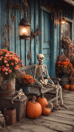 A skeleton sits on a wooden bench surrounded by vibrant flowers and pumpkins creating a spooky yet festive Halloween atmosphere in the evening.の素材