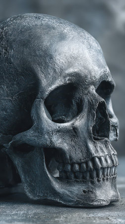 A detailed skull sits on a table capturing the essence of Halloween. The dark eerie atmosphere sets a spooky mood for the festive season.の素材