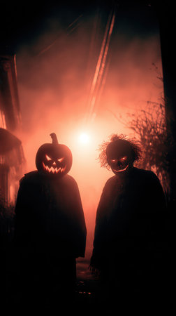 Two shadowy figures wear creepy pumpkin heads surrounded by a foggy Halloween night atmosphere filled with mystery and fright.の素材