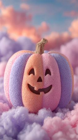 A cheerful pastel pumpkin sits among soft colorful clouds. Its happy expression brings joy perfect for a whimsical Halloween scene.の素材