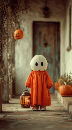 A joyful spirit in an orange outfit holds a lantern surrounded by pumpkins creating a magical Halloween scene at dusk.の素材