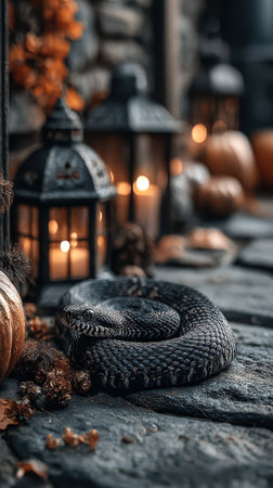 Candles flicker beside pumpkins while a black snake curls on stones creating a spooky yet magical Halloween atmosphere filled with autumn vibes.の素材