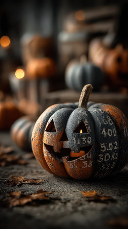 A beautifully carved pumpkin glows softly among autumn leaves showcasing Halloween creativity. Its friendly face adds charm to the festive decor.の素材