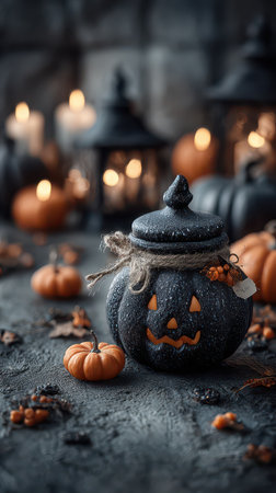 A charming Halloween setup showcases a black pumpkin jar small pumpkins and glowing lanterns amidst a dark moody background inviting festivities.の素材