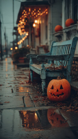 A quiet street is adorned with glowing pumpkins as rain dampens the colorful leaves. A rustic bench invites passersby to enjoy the festive vibe.の素材