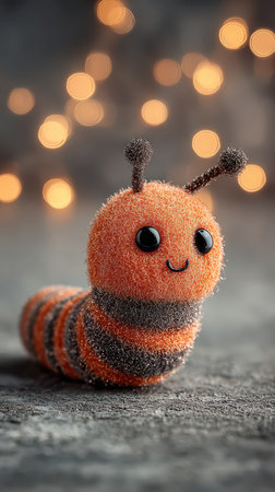 A cheerful fuzzy worm with orange and gray stripes sits happily against a backdrop of glowing lights embodying the fun of Halloween festivities.の素材