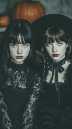 Two girls in elegant black costumes pose together embodying the essence of Halloween.の素材