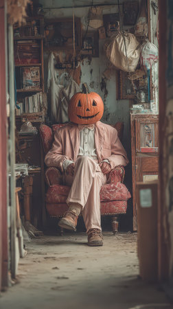 A person in a pink suit sits in an old chair wearing a large carved pumpkin on their head. The cozy space is filled with Halloween decor.の素材