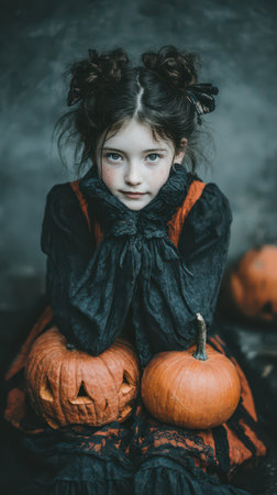 A young girl dressed in a spooky costume sits surrounded by carved pumpkins capturing the essence of Halloween in a playful moment.の素材