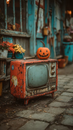 A weathered vintage television sits outdoors adorned with a carved pumpkin smiling mischievously completing a cozy Halloween setup.の素材