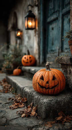 A charming scene features carved pumpkins lining a stone porch under warm lantern light capturing the essence of Halloween festivities.の素材