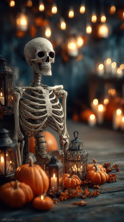 A playful skeleton stands surrounded by glowing lanterns and carved pumpkins creating a festive Halloween atmosphere in a cozy setting.の素材