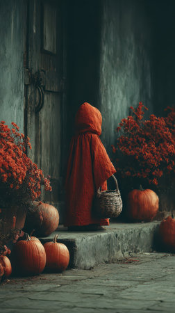 A child wearing a bright red cloak stands near pumpkins on a porch surrounded by autumn flowers. It feels like Halloweens magic is alive.の素材