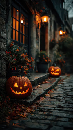 Jack o lanterns light up the evening casting playful shadows on the cobblestone path. Autumn leaves decorate the scene enhancing the festive mood.の素材