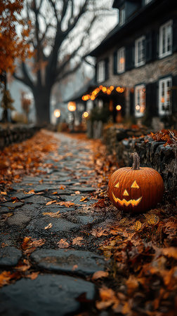 A carved pumpkin shines brightly on a stone path surrounded by colorful autumn leaves leading to a charming house adorned with festive lights.の素材