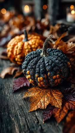Unique pumpkins in vibrant colors rest on rustic wood surrounded by fallen autumn leaves celebrating the spirit of Halloween festivities.の素材