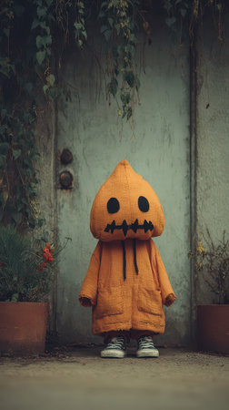 A child in a pumpkin costume stands by a rustic door surrounded by autumn flowers. This Halloween scene captures the spirit of celebration.の素材