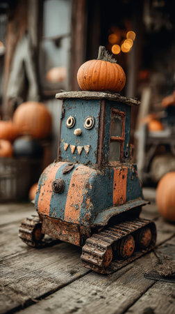 A charming vintage toy tractor sits on an old wooden table topped with a small pumpkin while festive decorations surround it in a cozy autumn scene.の素材