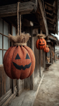 Burlap pumpkins with cheerful faces dangle from twine adding Halloween spirit to a quaint old street lined with wooden buildings.の素材