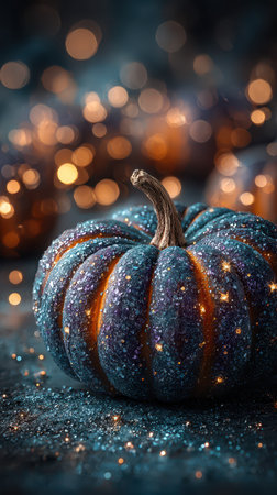 A glittery pumpkin glows amidst blurred lights creating a magical Halloween atmosphere filled with festive spirit and wonder.の素材