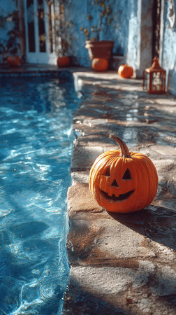 A bright orange pumpkin with a cheerful face rests by a clear blue pool surrounded by the spirit of Halloween in the warm evening light.の素材