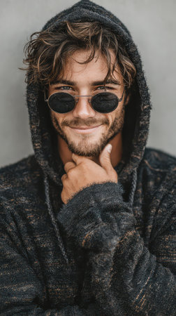 A man smiles confidently while wearing a cozy hoodie and dark sunglasses capturing a fun and playful Halloween atmosphere.の素材