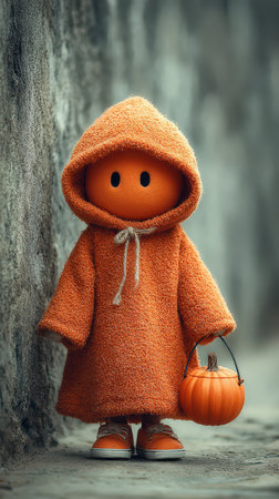 A charming figure in an orange hooded outfit holds a small pumpkin while standing against a weathered wall embodying the Halloween spirit.の素材