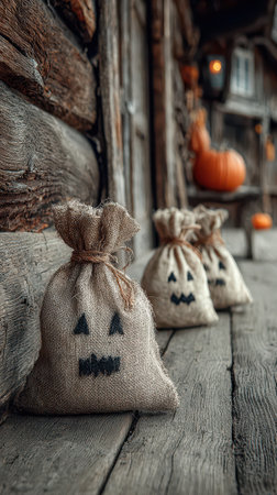 Burlap sacks with painted faces sit on a rustic wooden surface. Nearby a few pumpkins add seasonal charm enhancing the Halloween spirit.の素材