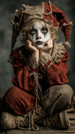 A young child dressed as a jester sits quietly wearing dark and dramatic makeup. The eerie atmosphere captures the spirit of Halloween.の素材