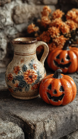 This charming scene features a decorated jug beside two joyful pumpkins on a rustic stone surface embodying the spirit of Halloween.の素材