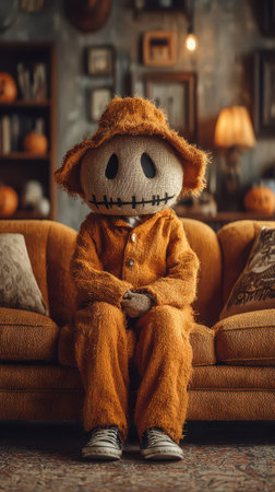 A whimsical scarecrow doll sits on a cozy orange couch. The room is filled with autumn decorations creating a warm Halloween atmosphere.の素材