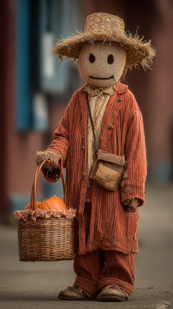 A cheerful scarecrow stands in a festive setting holding a basket with pumpkins celebrating autumn and the spirit of Halloween with joy.の素材