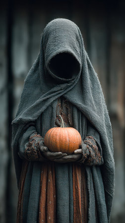 A cloaked figure with an obscured face stands in a shadowy setting gently cradling a pumpkin.の素材
